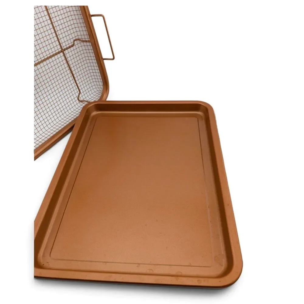 Copper Nonstick Baking Tray Roasting Pan w Mesh Basket Rack 2 Pc Set 12.75